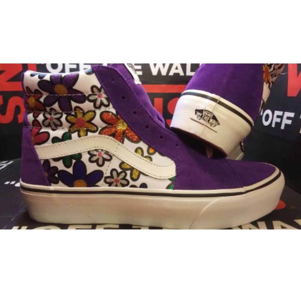 VANS Sk8-Hi Platform 2 Glitter Daisies Rainbow White Purple Men's 3.5/Women's 5